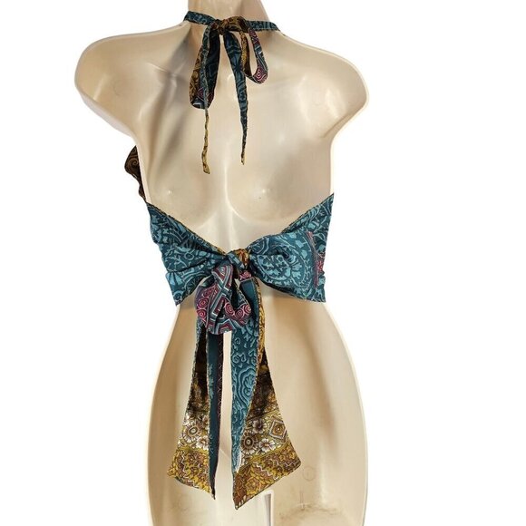 Retro Reversible Halter Crop Top Womens OS Silk Blnd Tie Back Blue Gold - Picture 6 of 11